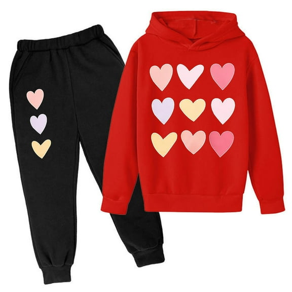 Girls Outfits & Set Valentine's Day Heart Shaped Printed Hoodie Set for Young Girls