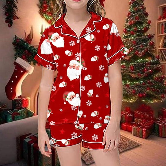 Girls Outfits Set for Girls Casual Pajamas with Christmas Print Button Down Lapel Short Sleeved Top and Shorts for Everyday Wear