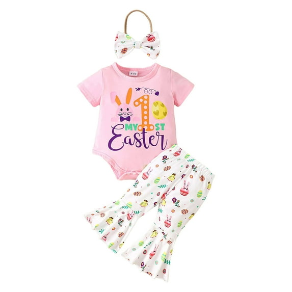 Girls Outfits Short Sleeve Easter Prints Romper Bodysuit Pants Headbands Girls' Clothing Sets