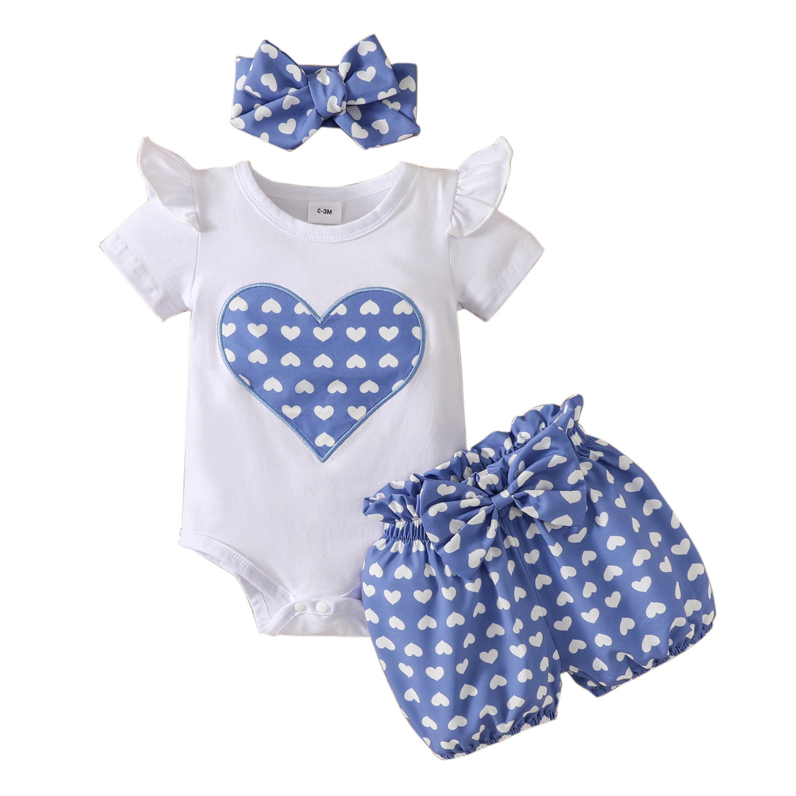 Girls Outfits Short Sleeve Romper Bodysuit Heart Shaped Prints Shorts Clothes For Girls White 0 Months-3 Months