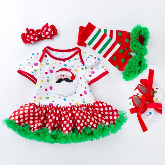 Girls Outfits Size 0-3Month Infant Toddler Christmas Printed Short Sleeve Romper Skirt with Headband Shoes Leg Sleeves 4Pc Children Suit Girls Clothing Set Gold
