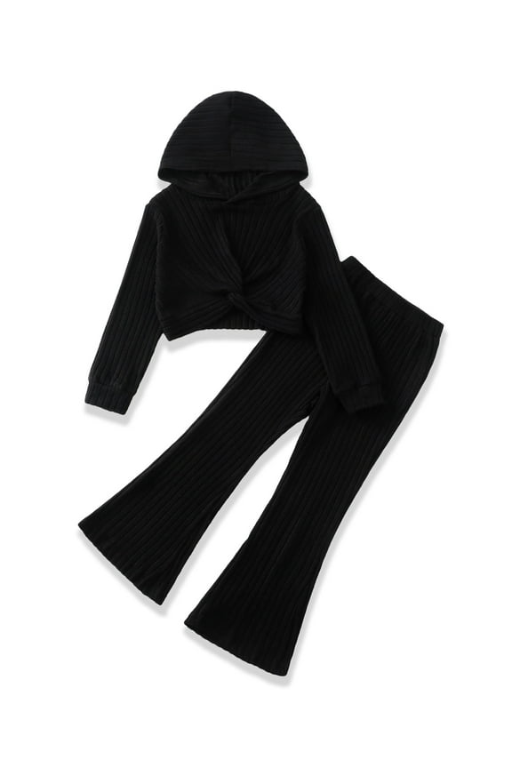 Girls Outfits Size 11-12 Fall Winter Black Hoodie Tops Long Sleeve and Flare Pants Sets Sweatsuits Girl Clothes 11-12 Year