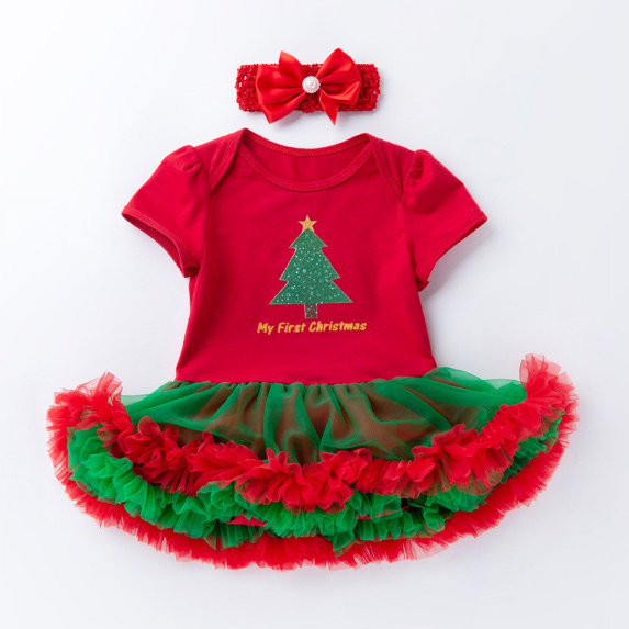 Girls Outfits Size 12-24Month Toddler Infant Toddler Christmas Printed Short Sleeve Romper Skirt with Headband 2Pc Children Suit Girls Clothing Set White