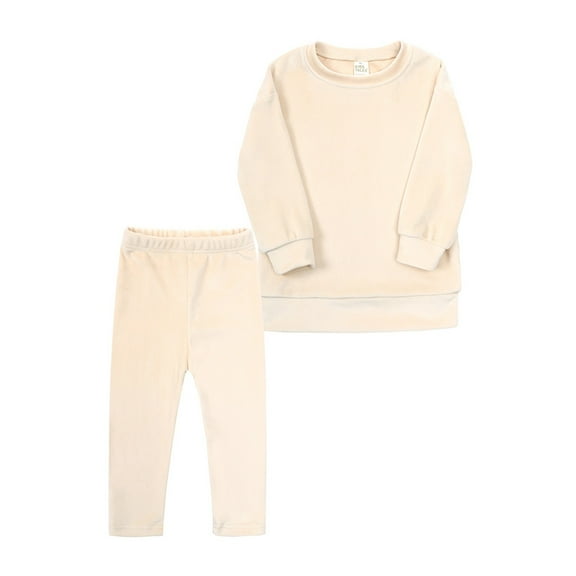 Girls Outfits Size 2-3 Toddler Kids Baby Clothes Unisex Solid Sweatsuit Long Sleeve Warm Fleece Pullover Tops Pants Set Fall Winter Pajamas Girls Clothing Set Beige