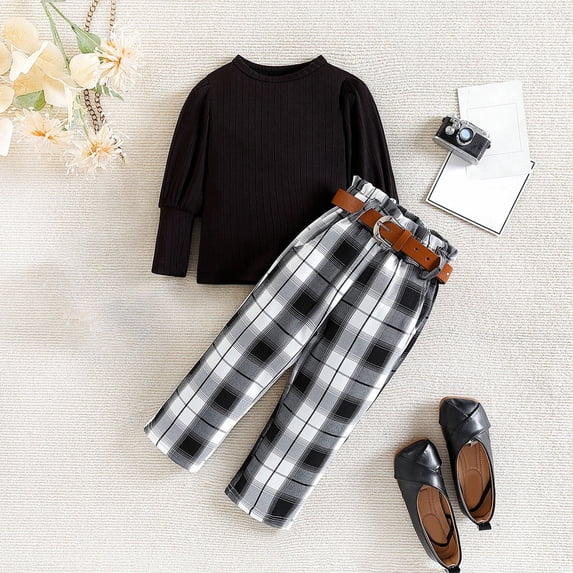 Girls Outfits Size 2-3 Toddler Kids Baby Suit Solid Color Long Sleeve Top Plaid Straight Leg Pants Children Two Piece Set Girls Clothing Set B