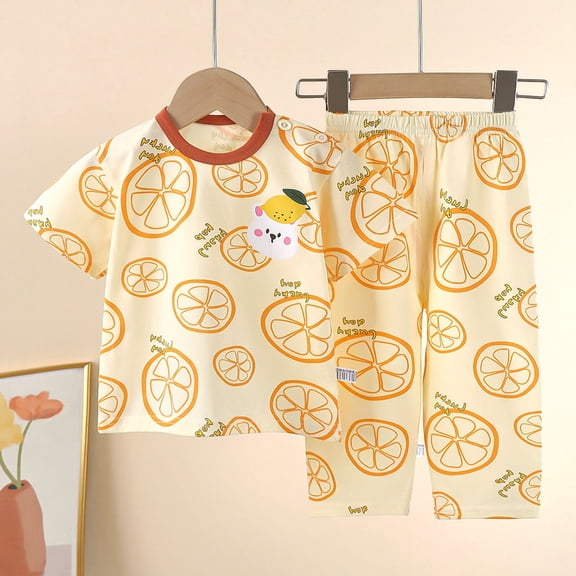 Girls Outfits Size 5-6Y Lemon Print Short Sleeve Round Neck Top and Pant Homewear 2 Piece Girls' Clothing Sets