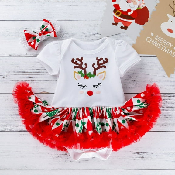 Girls Outfits Size 6-12Month Infant Toddler Christmas Printed Short Sleeve Romper Skirt with Headband 2Pc Children Suit Girls Clothing Set Brown