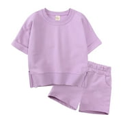 Girls Outfits Solid Pullover Short Sleeve Sweat Shirt T Shirt Crewneck Tops Shorts Set Baby Girls' Clothing Purple 6 Years-7 Years
