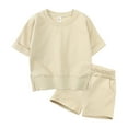 thumbnail image 1 of Girls Outfits Solid Pullover Short Sleeve Sweat Shirt T Shirt Crewneck Tops Shorts Set Toddler Girl Clothes Khaki 6 Years-7 Years, 1 of 4