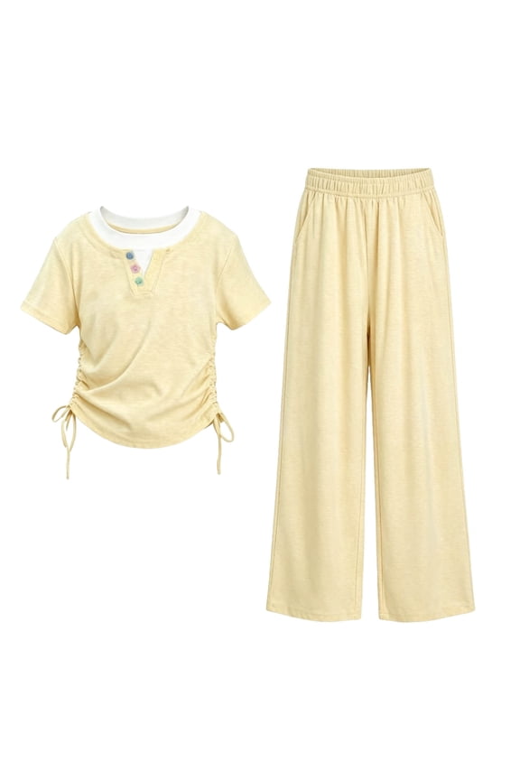 Girls Outfits Splicing Short Sleeve Shirt with Drawstring Tie Wide Leg High Elastic Pants Summer Clothing Set Yellow 13-14Years