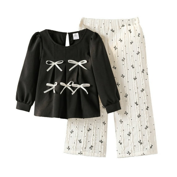 Girls Outfits Spring Fashion Korean Bow Long Sleeve Top With Wide Leg Pants Two Piece Girls' Clothing Sets