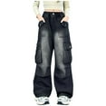 thumbnail image 1 of Girls Outfits Teen Girl Clothes Girls Jeans Denim Elastic Wasit Wide Leg Baggy Pants Kids Clothes Black 5-7 Years, 1 of 5