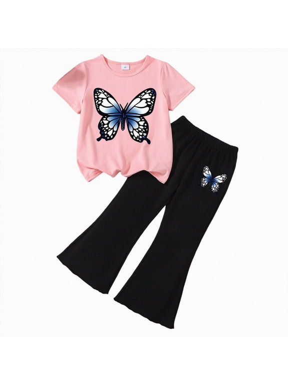 Girls Outfits Toddler Clothes Sweet Summer Set Flutter Sleeve Butterfly Print Top Flare Pants Kaprioy Toddler Girl Clothes 2T 3T 4T 5T 6T 7T