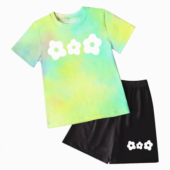 Girls Outfits Toddler Girl Summer Clothes Set Tie Dye Print Cap Sleeve T Shirt Elastic Waist Shorts Set Green 7-8 Years