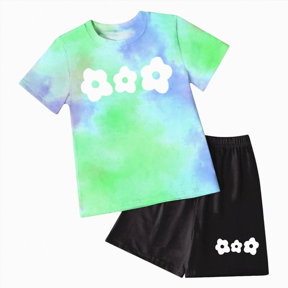 Girls Outfits Toddler Girl Summer Clothes Set Tie Dye Print Cap Sleeve T Shirt Elastic Waist Shorts Set Mint Green 6-7 Years