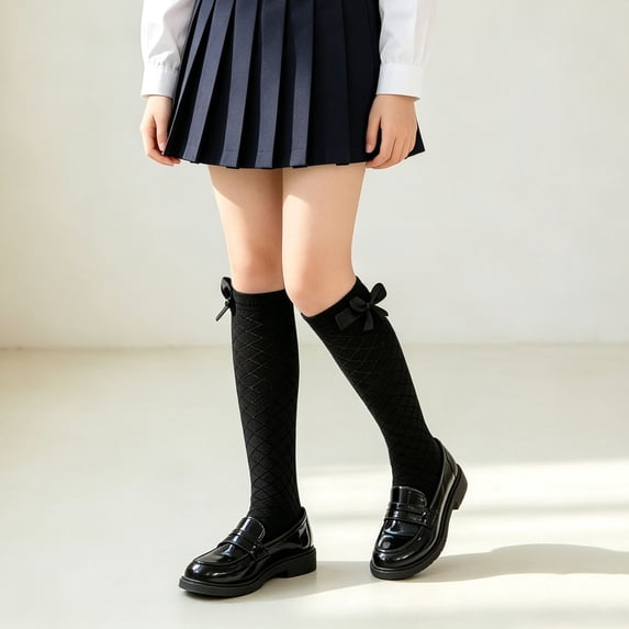 Girls Over Knee High Socks Solid Bow Mesh Uniform Dress Socks Kids Fall Comfy Breathable Socks for School Wear Black 5-6 Years