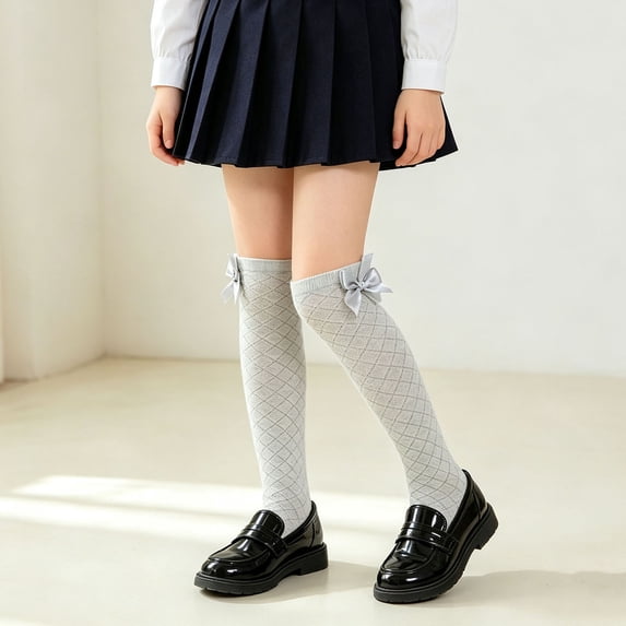 Girls Over Knee High Socks Solid Bow Mesh Uniform Dress Socks Kids Fall Comfy Breathable Socks for School Wear Gray 5-6 Years