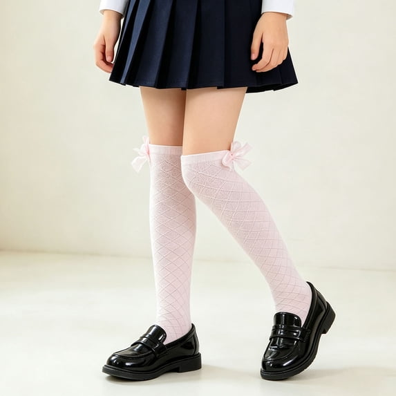 Girls Over Knee High Socks Solid Bow Mesh Uniform Dress Socks Kids Fall Comfy Breathable Socks for School Wear Pink 3-4 Years
