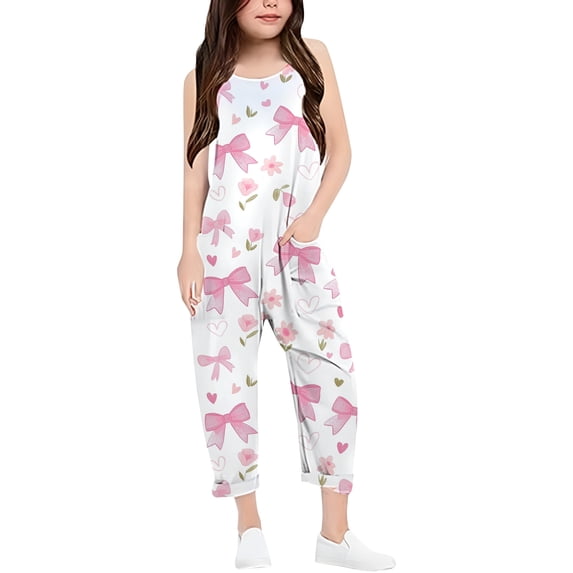 Girls Jumpsuit Bow Print Summer Rompers for Girls Casual V Neck Suspender Overalls with Side Pockets Toddler Girl Summer Clothes 5-6 Y