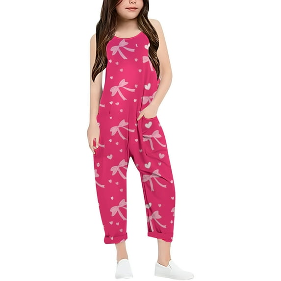 Girls Romper Bow Print Summer Rompers for Girls Casual V Neck Strap Rompers with Pockets Cute Teen Clothes 4-5 Y