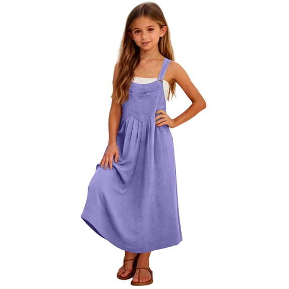 Girls Overall Dress Sleeveless Button Strap Solid Color Romper Midi Dresses Casual Loose Outfits With Pockets (5-6 Years, Purple)