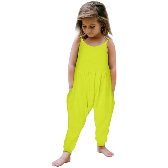 Girls Overall Solid Summer Rompers for Girls Sleeveless Rompers with Pockets Girls Summer Outfits 5-6 Y