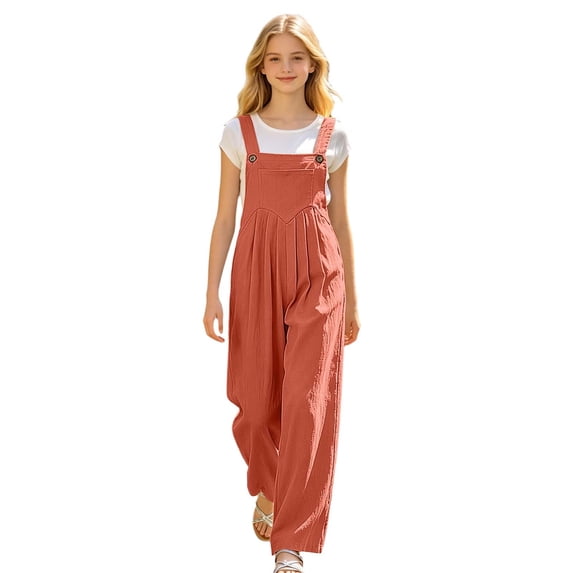 Girls Overalls Jumpsuit Mid Waist Solid Color Vintage Wide Leg Long Pants Kids Casual Daily Wear Adjustable Strap Suspender Trousers(Orange,6-7 Years)