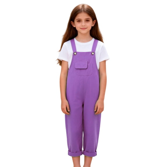 Girls Overalls Kids Adjustable Button Strap Sleeveless Jumpsuit Casual Loose One Piece Rompers with Pocket