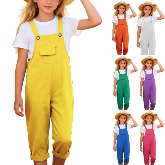 Girls Overalls Kids Adjustable Button Strap Sleeveless Jumpsuit Casual Loose One Piece Rompers with Pocket