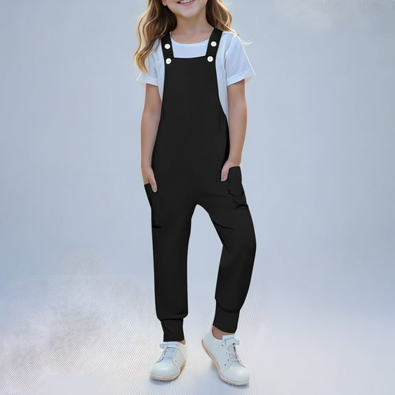 Girls Overalls Kids Casual Sleeveless Jumpsuits Harem Pants Rompers with Pockets 5-14 Years