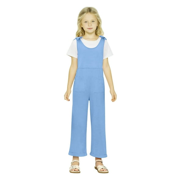 Girls Overalls Kids Casual Sleeveless Wide Leg Jumpsuit Adjustable Tie-Up Strap Rompers with Pockets Trendy Summer Outfits
