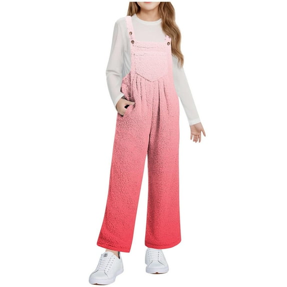 Girls Overalls Sherpa Fleece Bib Jumpsuits Adjustable Strap Casual Loose Fuzzy Winter Wide Leg Bibs with Pockets (5-6 Years, Red 01|Gradient)