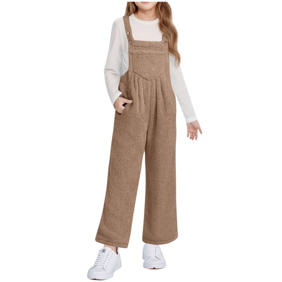 Girls Overalls Sherpa Fleece Bib Jumpsuits Adjustable Strap Casual Loose Fuzzy Winter Wide Leg Bibs with Pockets (7-8 Years, Khaki)