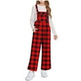 thumbnail image 1 of Girls Overalls Sherpa Fleece Bib Jumpsuits Adjustable Strap Casual Loose Fuzzy Winter Wide Leg Bibs with Pockets (7-8 Years, Red-Plaid), 1 of 7