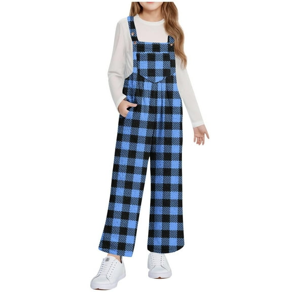 Girls Overalls Sherpa Fleece Bib Jumpsuits Adjustable Strap Casual Loose Fuzzy Winter Wide Leg Bibs with Pockets (9-10 Years, Blue-Plaid)