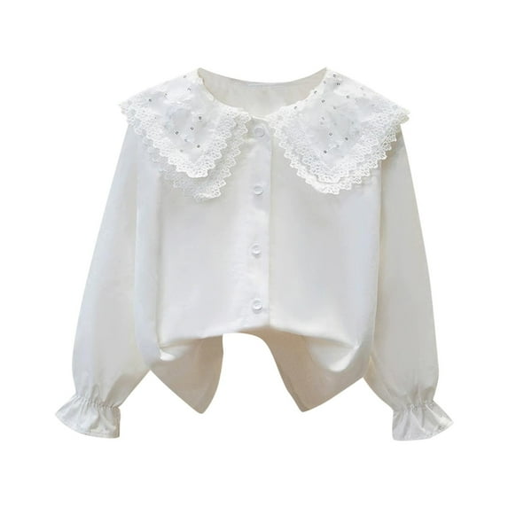 Girls Oversize Tee Shirts New Little Girl Long Sleeve Shirt Toddler Kids Casual Solid Color Collared T-Shirt Fall Tops Cotton Blouse White 11 Years