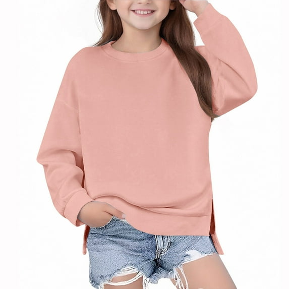 Girls Oversized Crew Neck Sweatshirt - Teen Girls Casual High Low Long Sleeve Pullover Tops Side Split Solid Color Winter Warm Fleece Sweatshirts no Hood