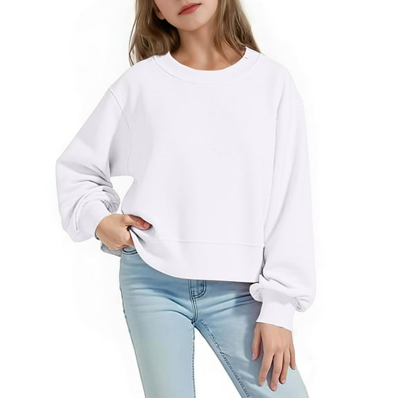 Girls Oversized Crop Sweatshirts Solid Color Long Sleeve Crewneck Pullover Sweater Tops 5-15 Years (14 Years, White)