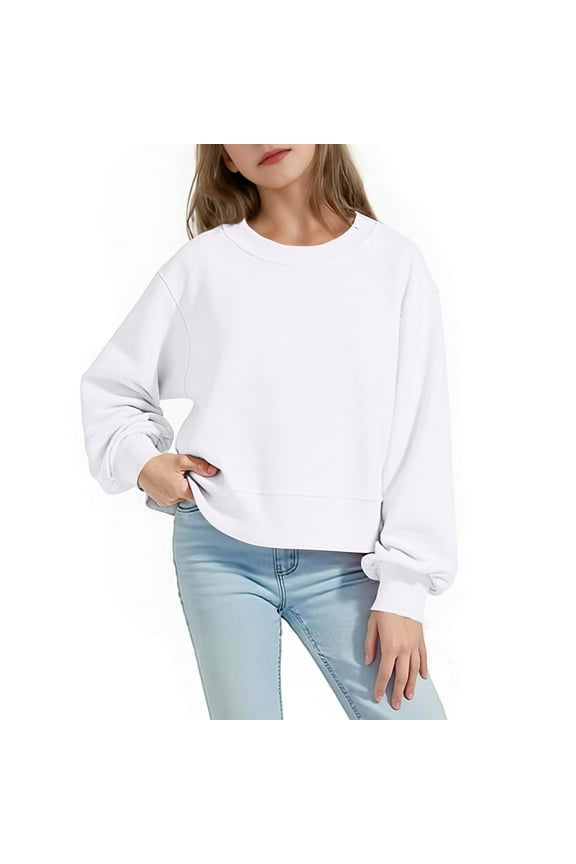 Girls Oversized Crop Sweatshirts Solid Color Long Sleeve Crewneck Pullover Sweater Tops 5-15 Years (14 Years, White)