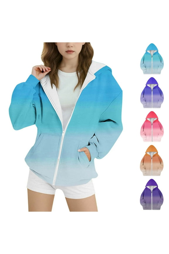 Girls Oversized Full Zip Hoodie, Kids Gradient Print Long Sleeve Hooded Jackets, Child Fall Winter Zipper Sweatshirt with Hood Outerwear