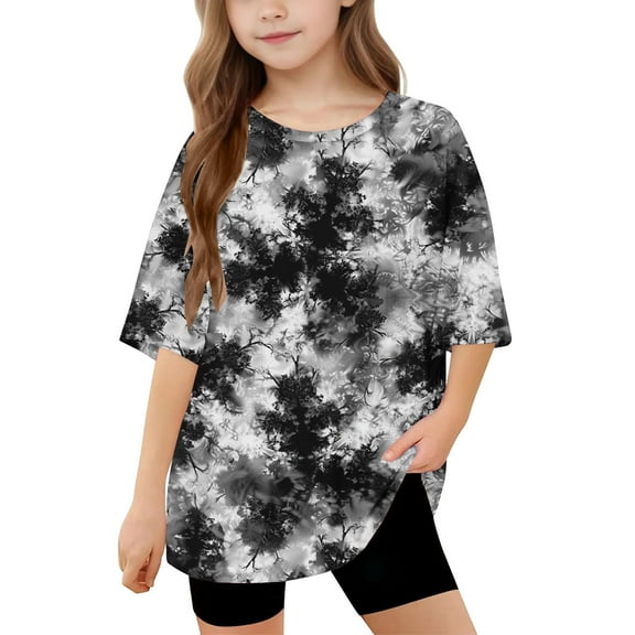 Girls Oversized Graphic Tees Shirts Tie Dye Half Sleeve T Shirts Loose Long Tunic Tops to Wear with Leggings Black, 6 Years