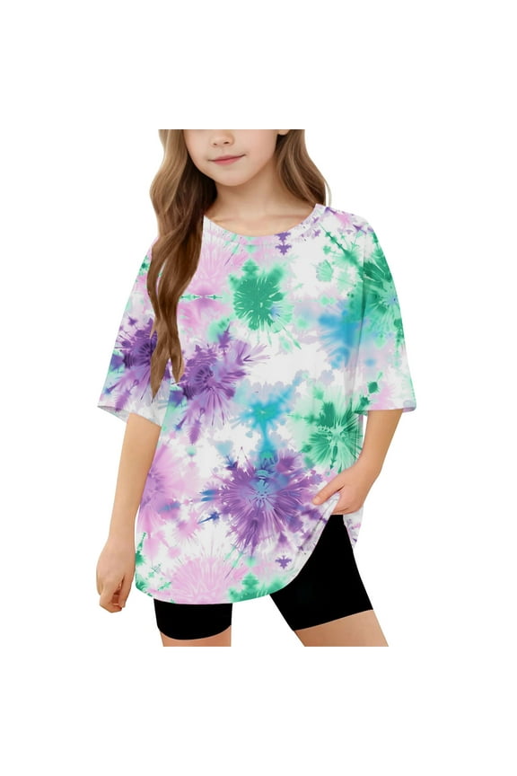 Girls Oversized Graphic Tees Shirts Tie Dye Half Sleeve T Shirts Loose Long Tunic Tops to Wear with Leggings Multicolor， 5 Years