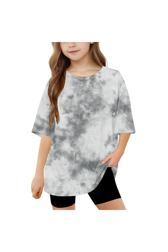 Girls Oversized Half Sleeve T Shirts Tie Dye Graphic Tees Shirts Loose Long Tunic Tops to Wear with Leggings Gray, 12 Years