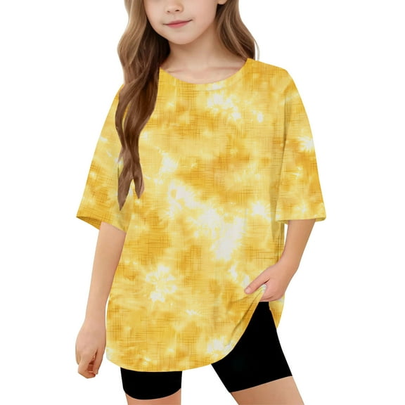 Girls Oversized Half Sleeve T Shirts Tie Dye Graphic Tees Shirts Loose Long Tunic Tops to Wear with Leggings Yellow， 12 Years