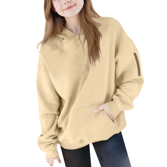 Girls' Oversized Hoodie with Pocket Comfy Cotton Fleece Winter Fall Sweatshirt Zip Pocketed Long Sleeve Pullover (12-13 Years, Beige)