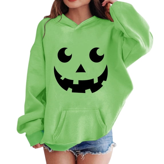 Girls Oversized Hoodies Halloween Pumpkin Graphic Hooded Sweatshirts Teen Kids Cute Funny Pullover Tops Cotton Casual Fashion Sweater