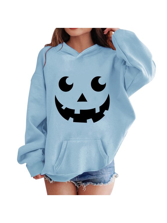 Girls Oversized Hoodies Halloween Pumpkin Graphic Hooded Sweatshirts Teen Kids Cute Funny Pullover Tops Cotton Casual Fashion Sweater