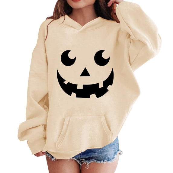 Girls Oversized Hoodies Halloween Pumpkin Graphic Hooded Sweatshirts Teen Kids Cute Funny Pullover Tops Cotton Casual Fashion Sweater