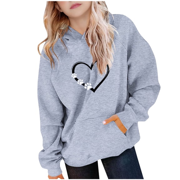 Girls Oversized Hoodies Paw & Love Heart Printed Pullover Sweatshirts Clothes for Kids Valentines Day Gifts, Gray 14 Years