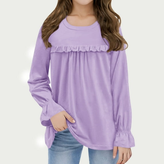 Girls Oversized Long Sleeve Shirts Kids Fashion Crewneck Tunic Tops Tees 5-13 Years Purple 11-12 Years